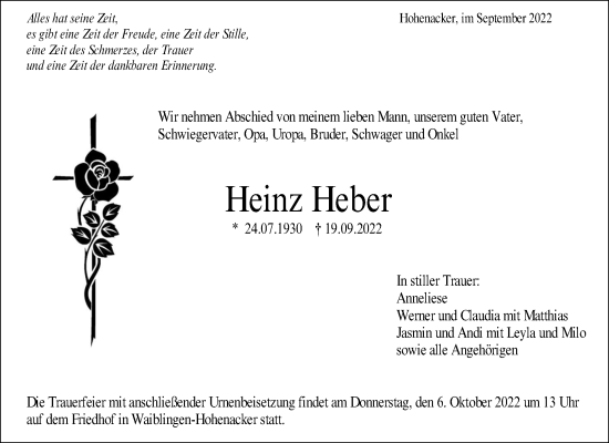 Traueranzeige von Heinz Heber von Waiblinger Kreiszeitung