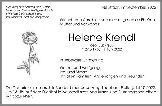 Traueranzeige von Helene Krendl von Waiblinger Kreiszeitung