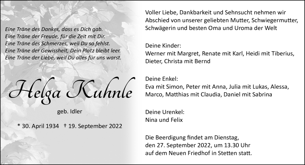  Traueranzeige für Helga Kuhnle vom 22.09.2022 aus Waiblinger Kreiszeitung