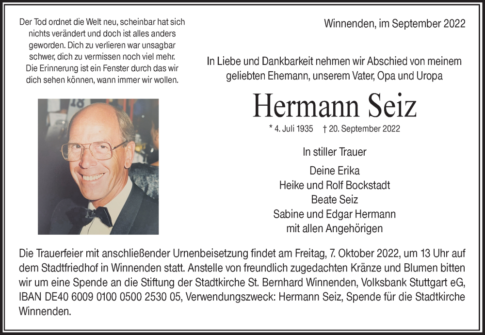  Traueranzeige für Hermann Seiz vom 01.10.2022 aus Waiblinger Kreiszeitung