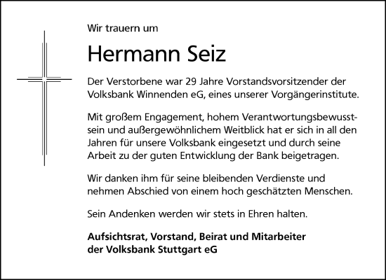 Traueranzeige von Hermann Seiz von Waiblinger Kreiszeitung