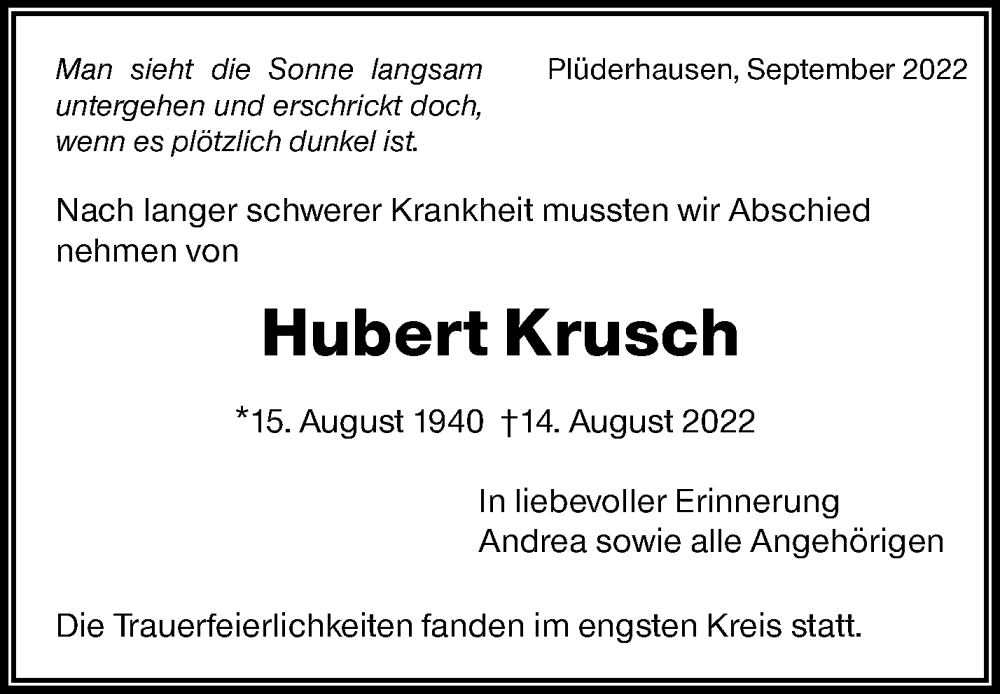  Traueranzeige für Hubert Krusch vom 17.09.2022 aus Waiblinger Kreiszeitung