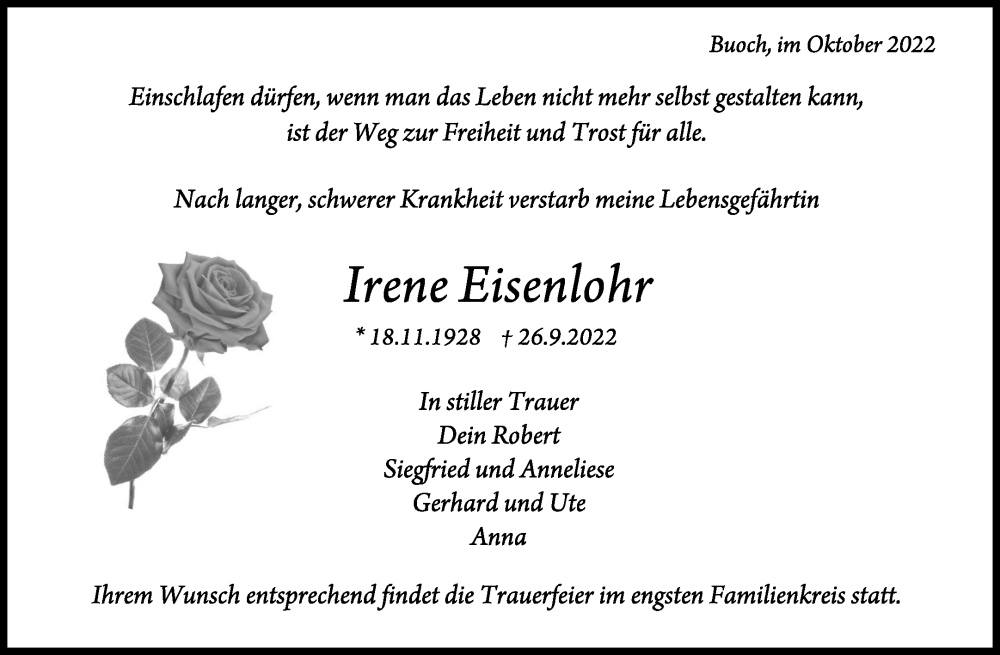  Traueranzeige für Irene Eisenlohr vom 01.10.2022 aus Waiblinger Kreiszeitung