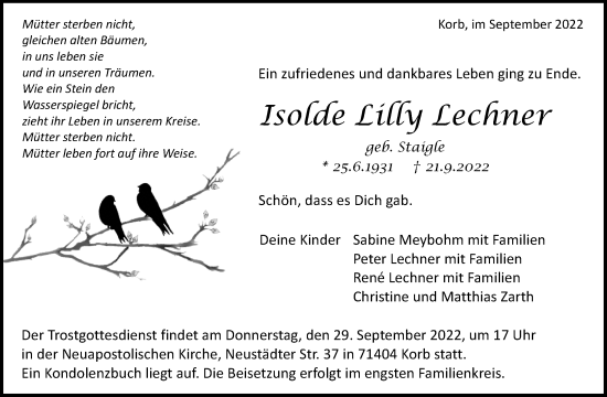 Traueranzeige von Isolde Lilly Lechner von Waiblinger Kreiszeitung