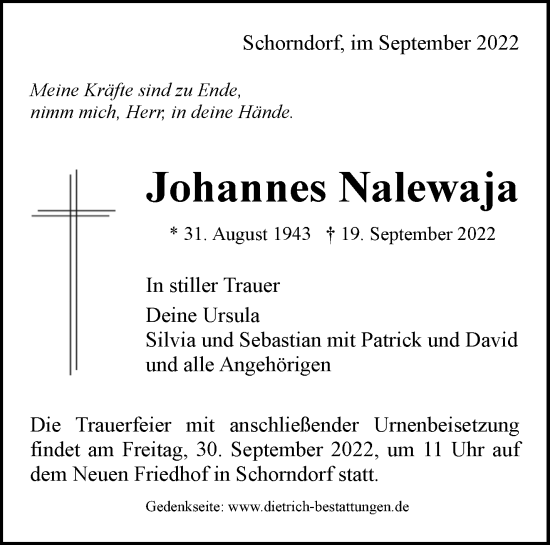 Traueranzeige von Johannes Nalewaja von Waiblinger Kreiszeitung