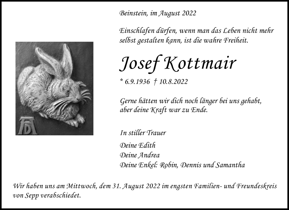 Traueranzeige für Josef Kottmair vom 01.09.2022 aus Waiblinger Kreiszeitung
