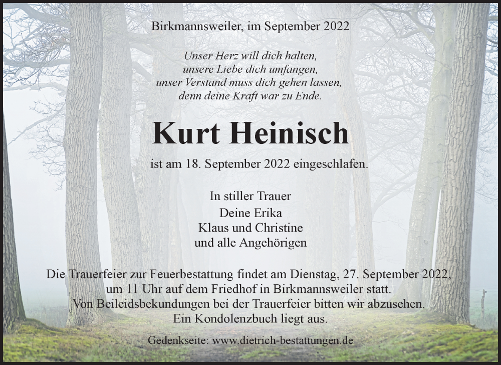  Traueranzeige für Kurt Heinisch vom 22.09.2022 aus Waiblinger Kreiszeitung