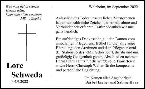 Traueranzeige von Lore Schweda von Waiblinger Kreiszeitung