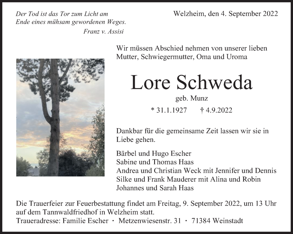  Traueranzeige für Lore Schweda vom 07.09.2022 aus Waiblinger Kreiszeitung