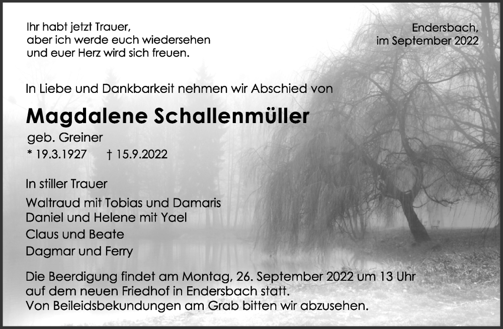  Traueranzeige für Magdalene Schallenmüller vom 22.09.2022 aus Waiblinger Kreiszeitung