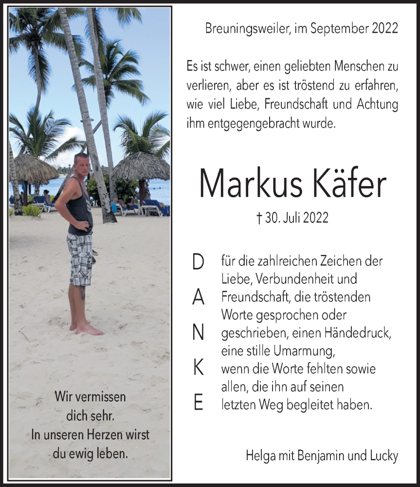  Traueranzeige für Markus Käfer vom 10.09.2022 aus Waiblinger Kreiszeitung