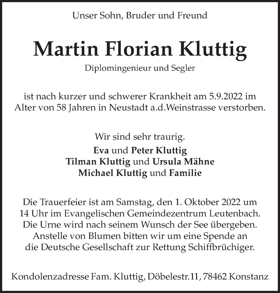  Traueranzeige für Martin Florian Kluttig vom 24.09.2022 aus Waiblinger Kreiszeitung