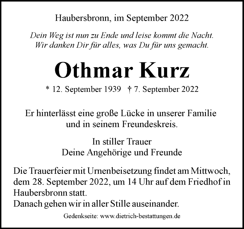  Traueranzeige für Othmar Kurz vom 23.09.2022 aus Waiblinger Kreiszeitung