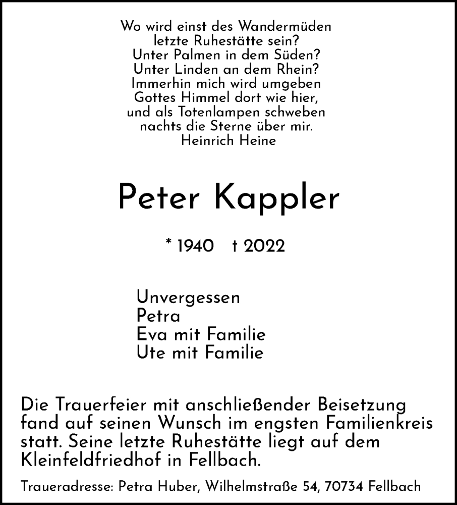  Traueranzeige für Peter Kappler vom 23.09.2022 aus Waiblinger Kreiszeitung