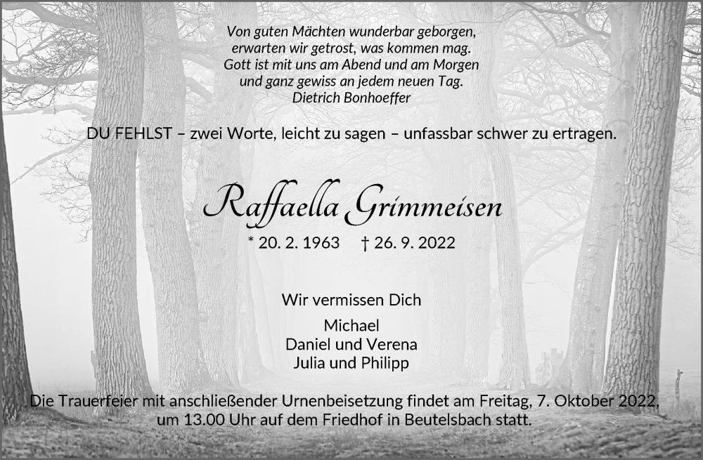  Traueranzeige für Raffaella Grimmeisen vom 01.10.2022 aus Waiblinger Kreiszeitung
