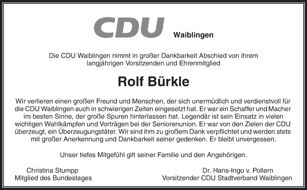  Traueranzeige für Rolf Bürkle vom 01.10.2022 aus Waiblinger Kreiszeitung