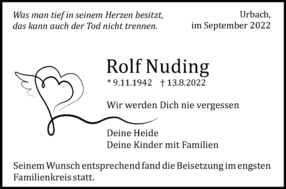  Traueranzeige für Rolf Nuding vom 03.09.2022 aus Waiblinger Kreiszeitung