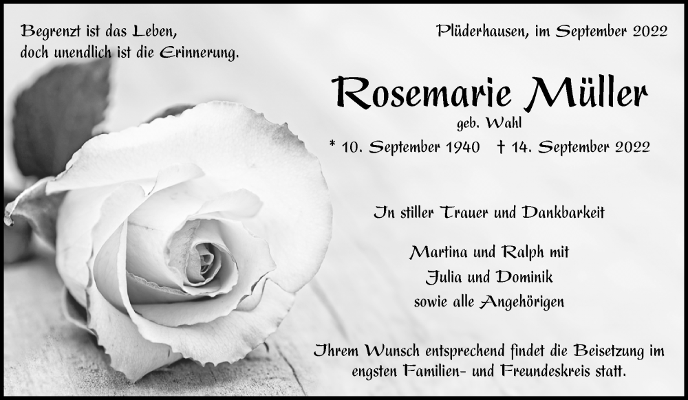  Traueranzeige für Rosemarie Müller vom 19.09.2022 aus Waiblinger Kreiszeitung