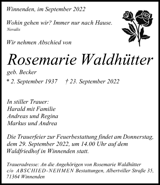 Traueranzeige von Rosemarie Waldhütter von Waiblinger Kreiszeitung