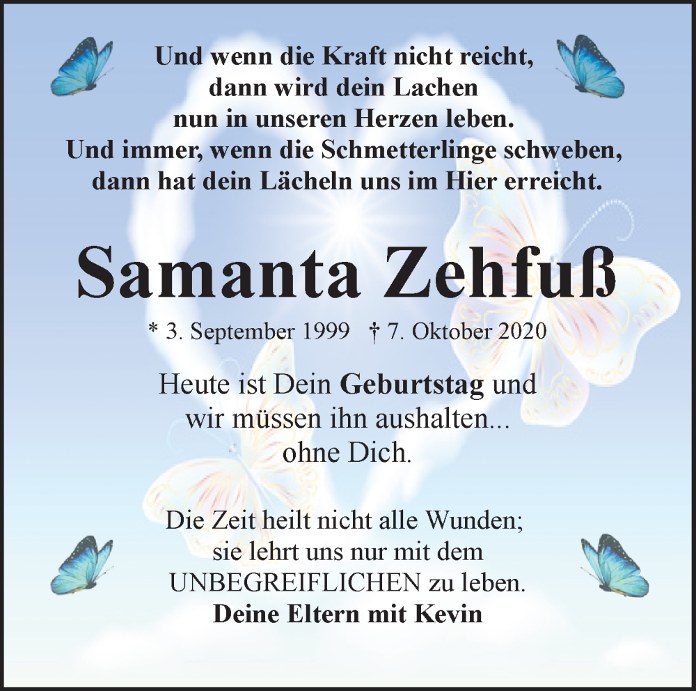  Traueranzeige für Samanta Zehfuß vom 03.09.2022 aus Waiblinger Kreiszeitung
