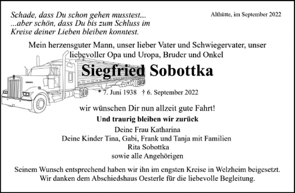  Traueranzeige für Siegfried Sobottka vom 01.10.2022 aus Waiblinger Kreiszeitung