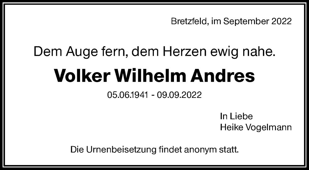  Traueranzeige für Volker Wilhelm Andres vom 24.09.2022 aus Waiblinger Kreiszeitung