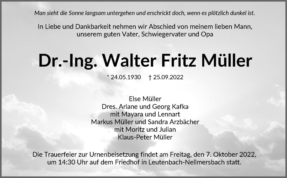  Traueranzeige für Walter Fritz Müller vom 01.10.2022 aus Waiblinger Kreiszeitung