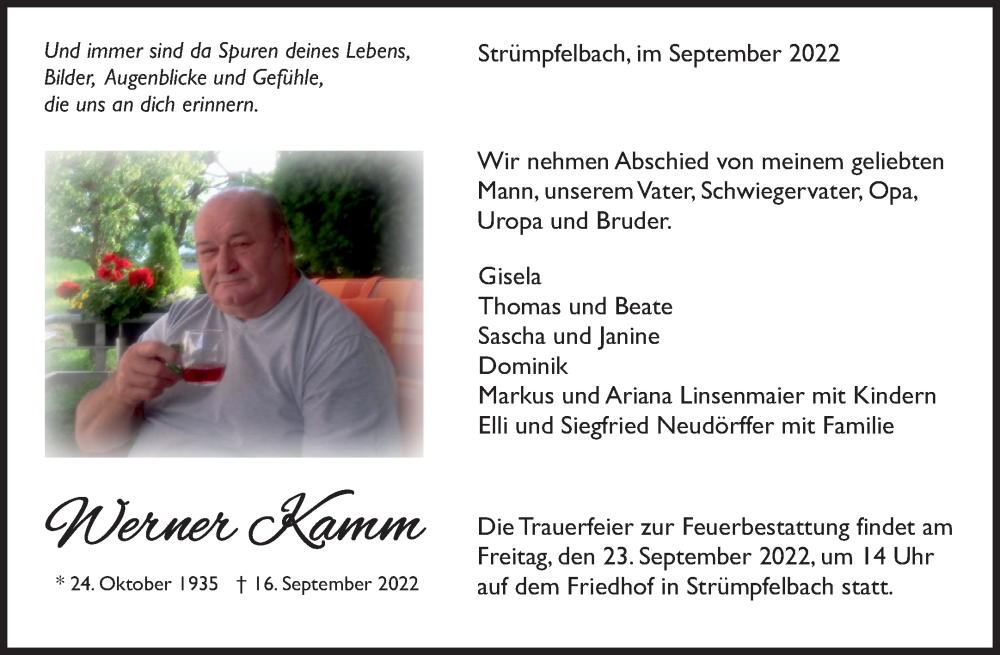  Traueranzeige für Werner Kamm vom 21.09.2022 aus Waiblinger Kreiszeitung