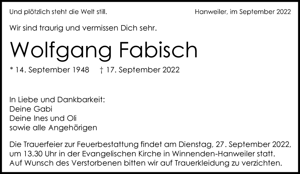  Traueranzeige für Wolfgang Fabisch vom 22.09.2022 aus Waiblinger Kreiszeitung
