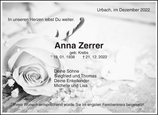 Traueranzeige von Anna Zerrer von Waiblinger Kreiszeitung