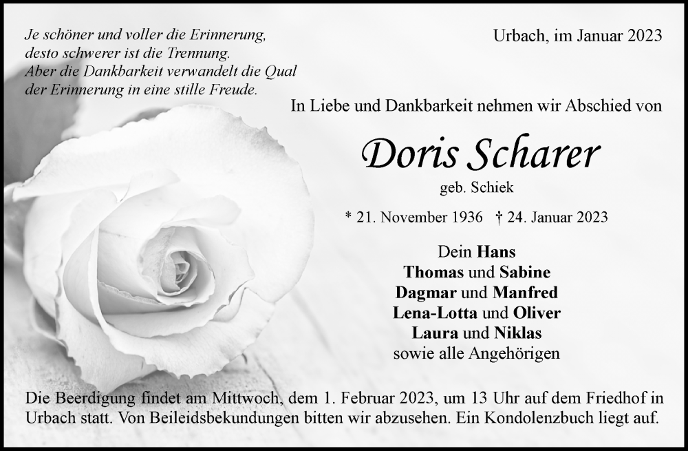  Traueranzeige für Doris Scharer vom 28.01.2023 aus Waiblinger Kreiszeitung