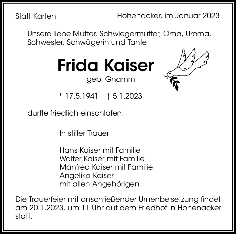  Traueranzeige für Frida Kaiser vom 13.01.2023 aus Waiblinger Kreiszeitung