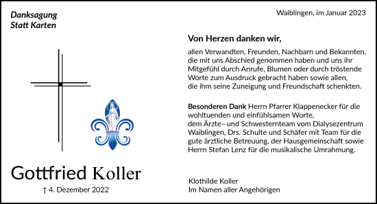 Traueranzeige von Gottfried Koller von Waiblinger Kreiszeitung