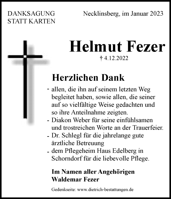 Traueranzeige von Helmut Fezer von Waiblinger Kreiszeitung