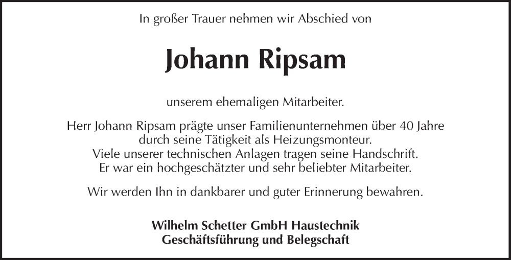  Traueranzeige für Johann Ripsam vom 18.01.2023 aus Waiblinger Kreiszeitung