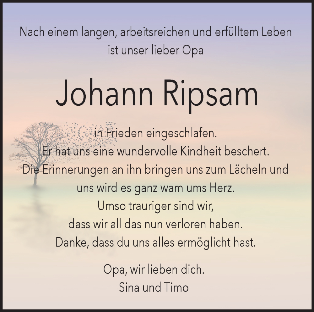  Traueranzeige für Johann Ripsam vom 17.01.2023 aus Waiblinger Kreiszeitung