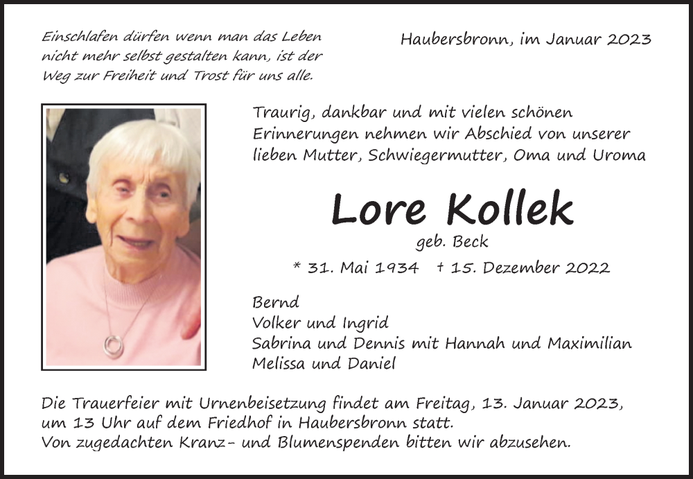  Traueranzeige für Lore Kollek vom 05.01.2023 aus Waiblinger Kreiszeitung