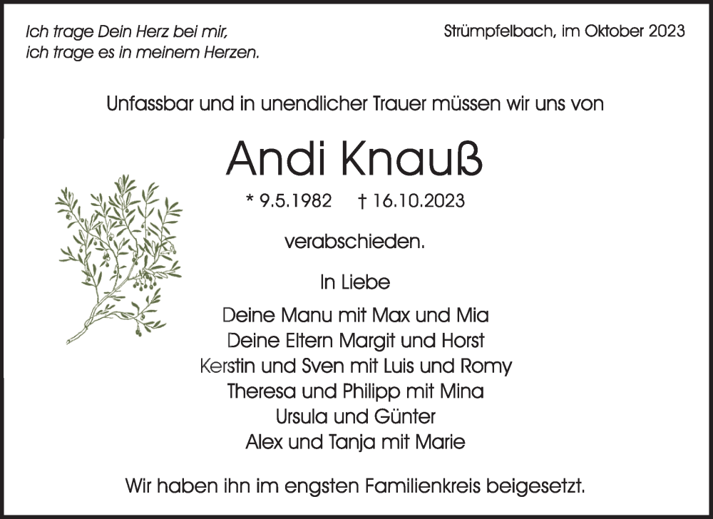  Traueranzeige für Andi Knauß vom 28.10.2023 aus Waiblinger Kreiszeitung