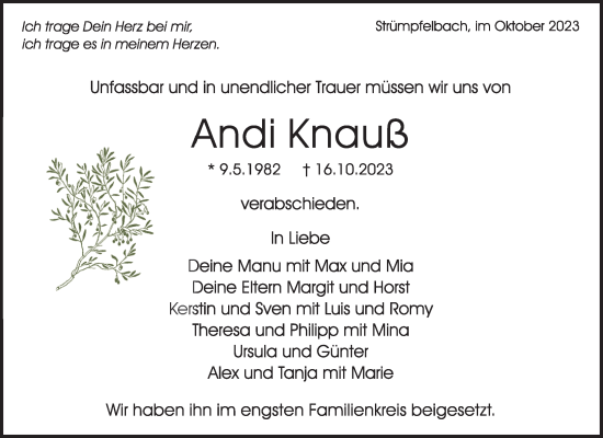 Traueranzeige von Andi Knauß von Waiblinger Kreiszeitung