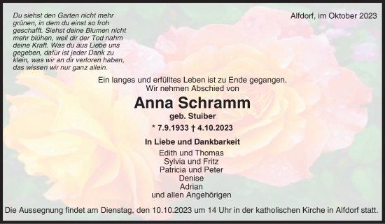 Traueranzeige von Anna Schramm von Waiblinger Kreiszeitung