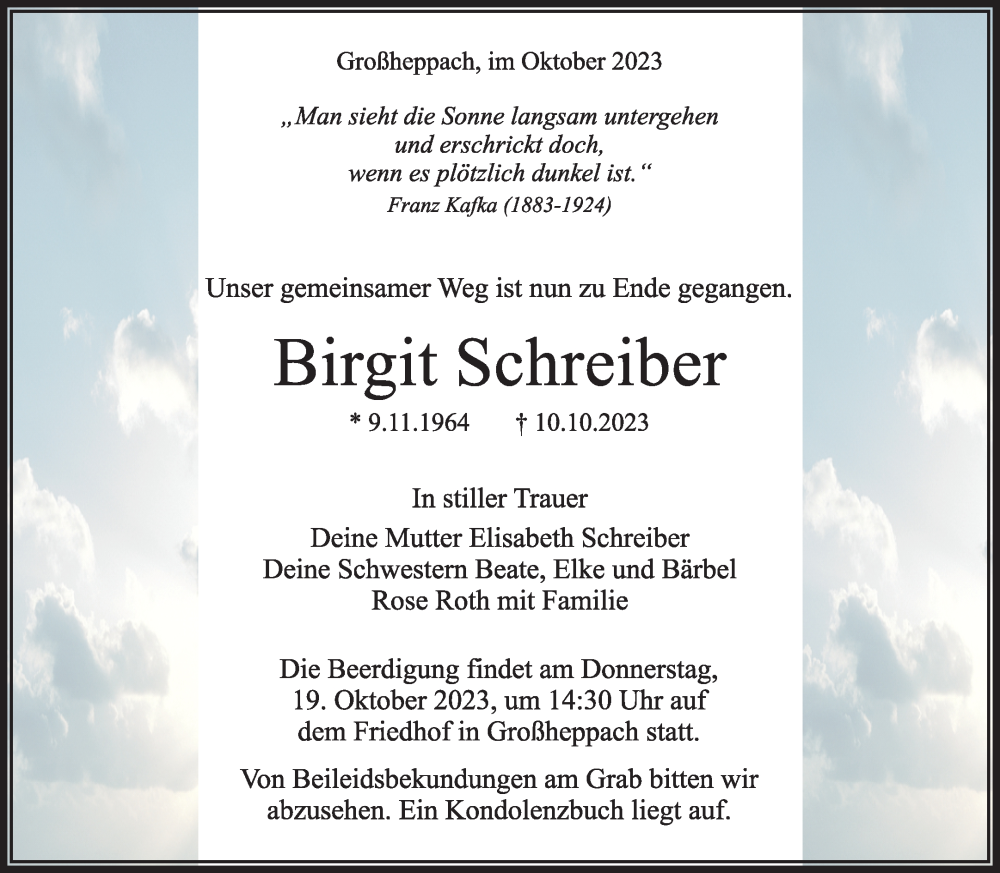  Traueranzeige für Birgit Schreiber vom 14.10.2023 aus Waiblinger Kreiszeitung