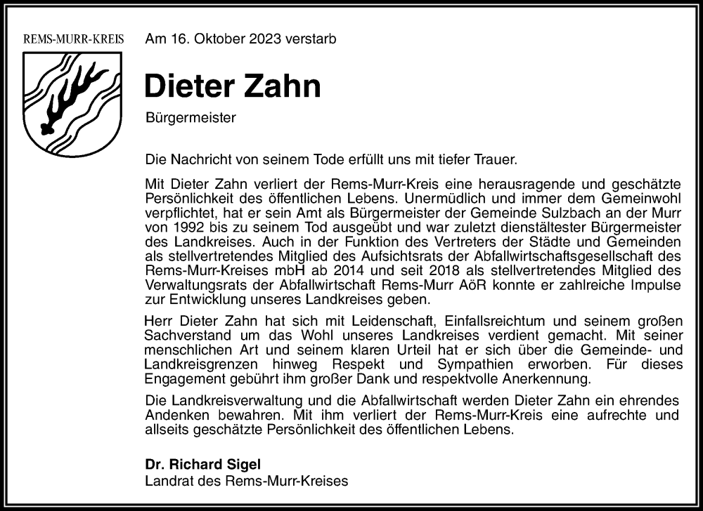  Traueranzeige für Dieter Zahn vom 19.10.2023 aus Waiblinger Kreiszeitung