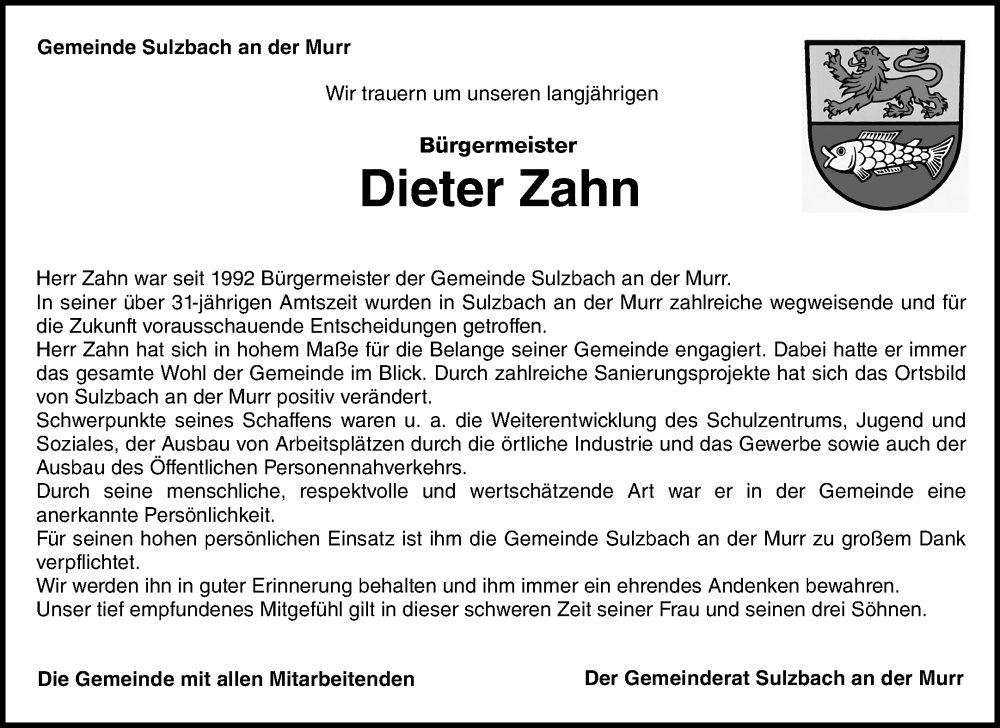  Traueranzeige für Dieter Zahn vom 19.10.2023 aus Waiblinger Kreiszeitung