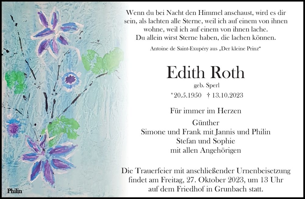  Traueranzeige für Edith Roth vom 20.10.2023 aus Waiblinger Kreiszeitung
