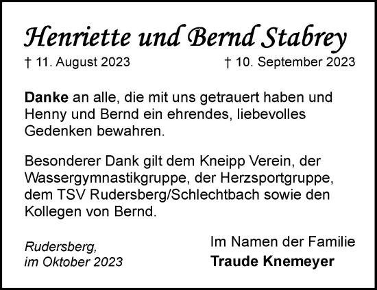 Traueranzeige von Henriette und Bernd Stabrey von Waiblinger Kreiszeitung