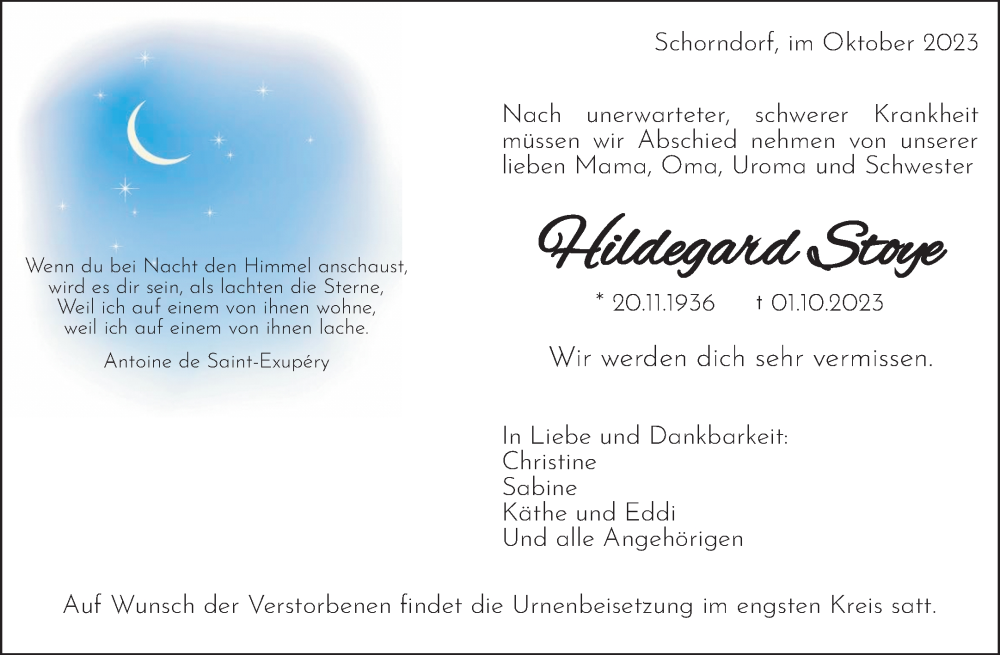  Traueranzeige für Hildegard Stoye vom 06.10.2023 aus Waiblinger Kreiszeitung