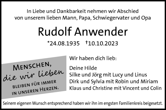Traueranzeige von Rudolf Anwender von Waiblinger Kreiszeitung