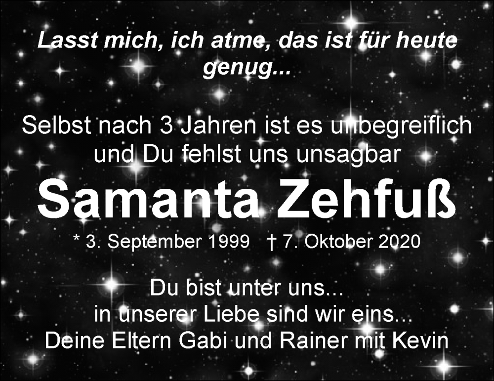  Traueranzeige für Samanta Zehfuß vom 07.10.2023 aus Waiblinger Kreiszeitung