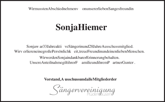 Traueranzeige von Sonja Hiemer  von Waiblinger Kreiszeitung