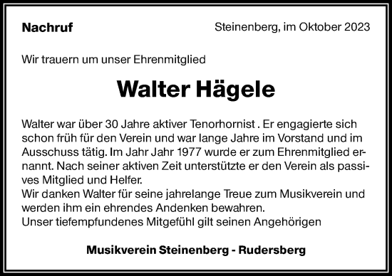 Traueranzeige von Walter Hägele von Waiblinger Kreiszeitung